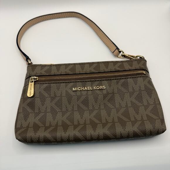 Michael Kors Brown Logo Small Leather Wristlet Shoulder Bag - Picture 1 of 9